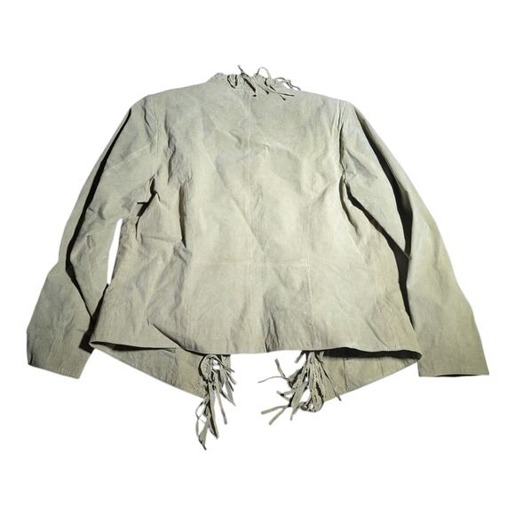 Vtg Y2K Dialogue Pale Green Fringe Trim Open Front Western Suede Jacket Sz M NWT - Picture 2 of 4